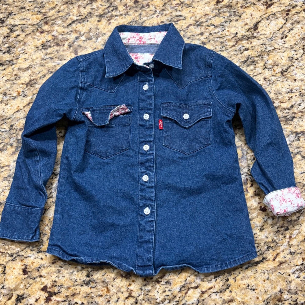 Levis Girls Denim Western Shirt Size 4 Floral Trim Blue Long Sleeve Button Down